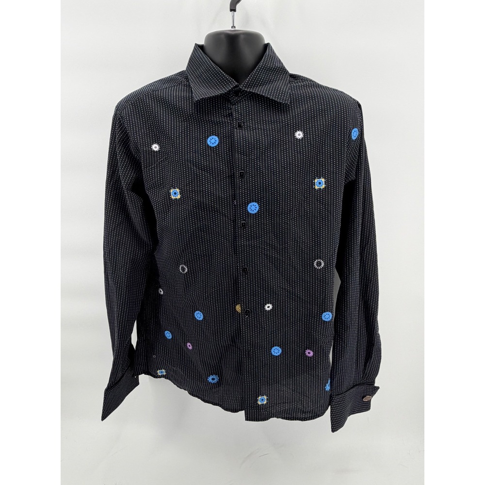 Positano Button-Down Shirt Mens L Black Pinstripe Embroidered Coin‎ Buttons